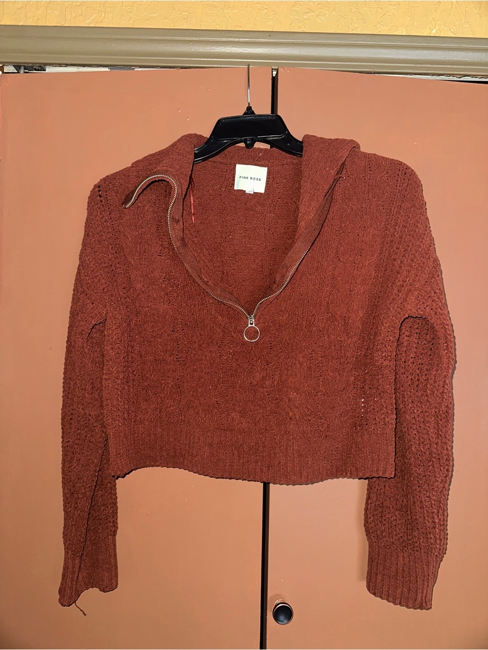 Pink Rose Rust Zip-Front Cropped Turtleneck Sweater